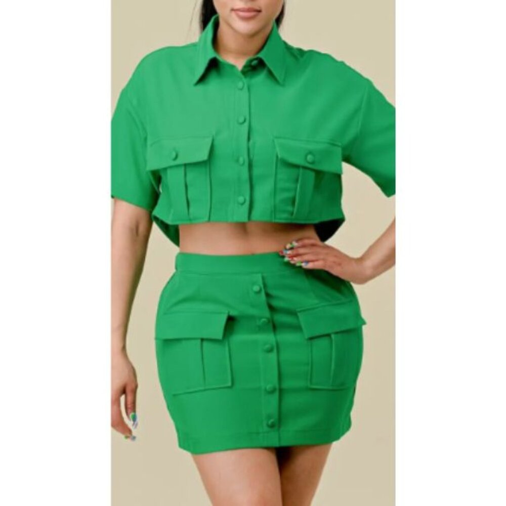 New Arrival!  No Playtime Woven Green Skirt Set